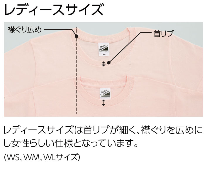 レディースサイズは首リブが細く、襟ぐりを広めにし女性らしい仕様となっています。（WM、WLサイズ）